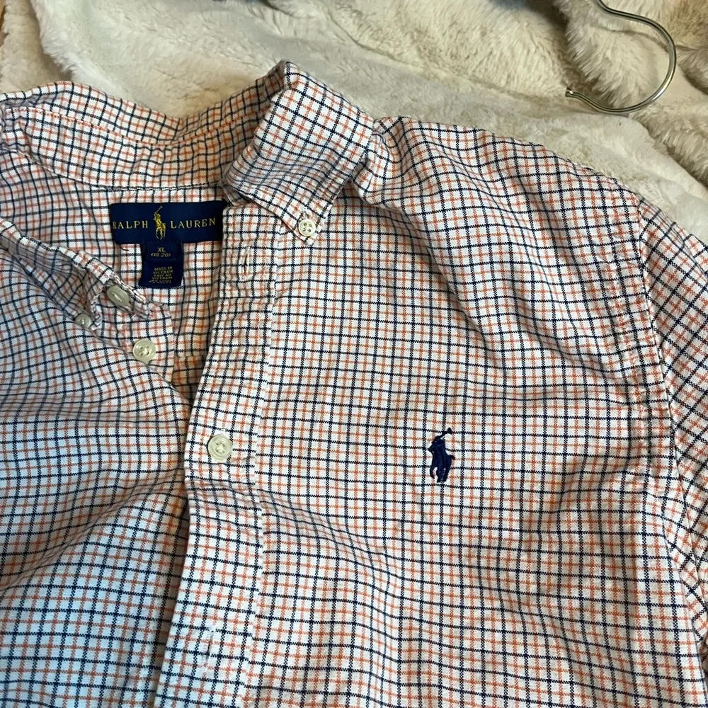 Ralph Lauren Boys XL 18/20 Cream Orange Black Plaid Button Down School Shirt